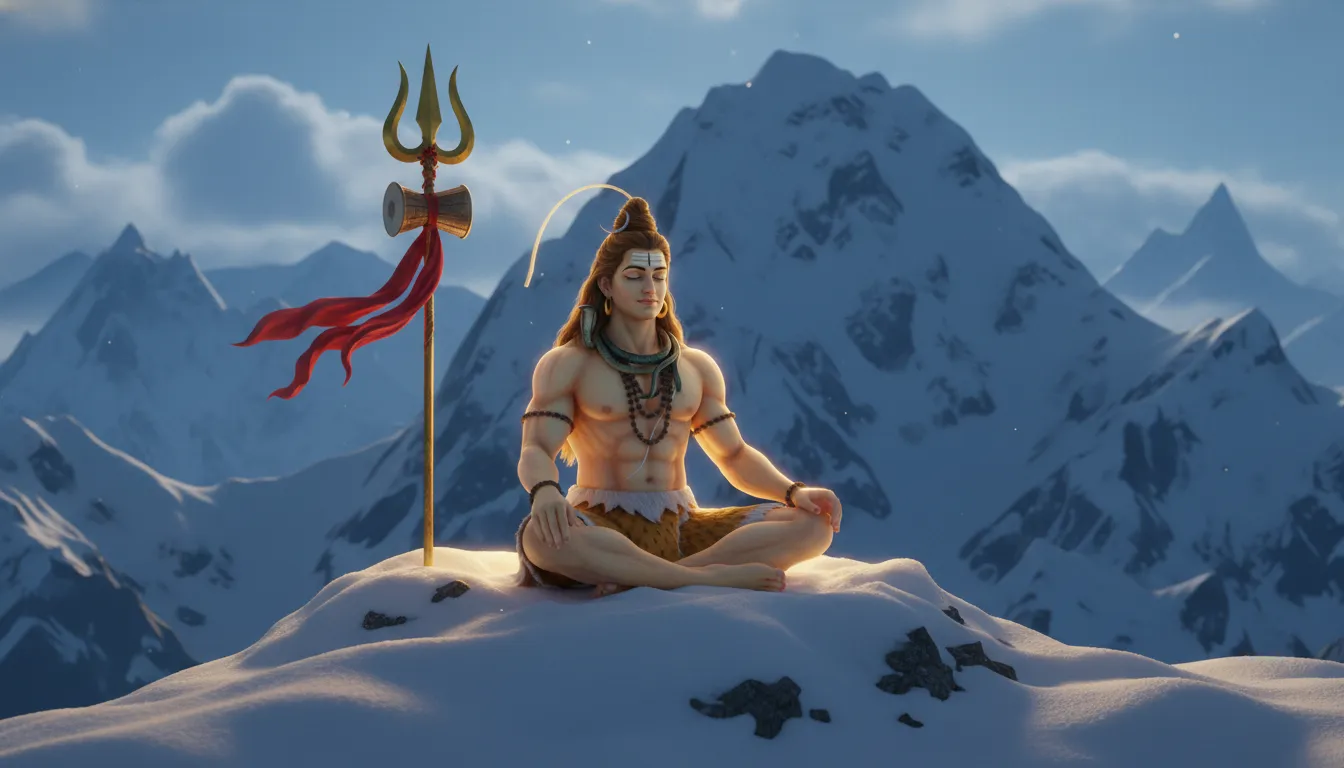 Lord Shiva sitting in a powerful meditative pose with his trident planted firmly beside him.