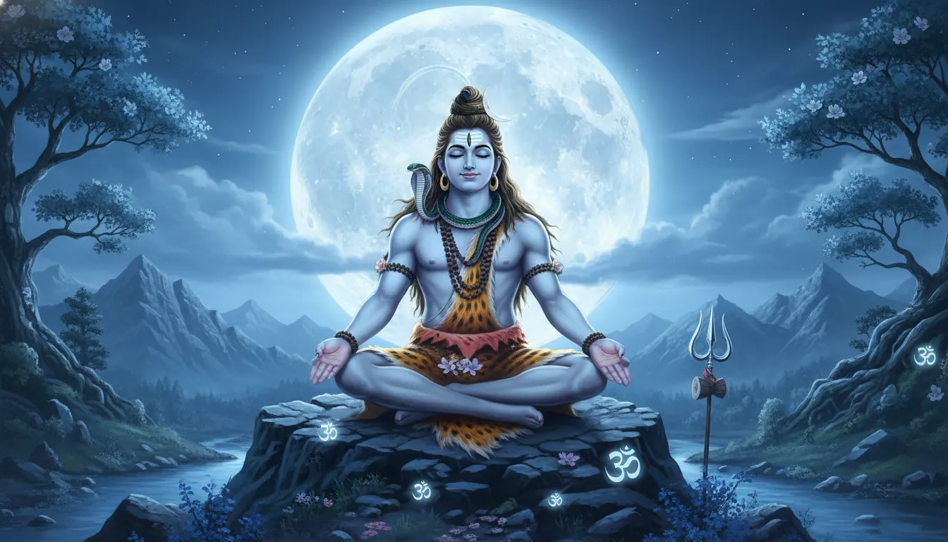 Lord Shiva meditating under the full moon in a divine setting.