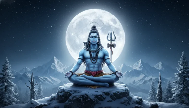Lord Shiva meditating in front of a full moon with mountains and night sky wallpaper.