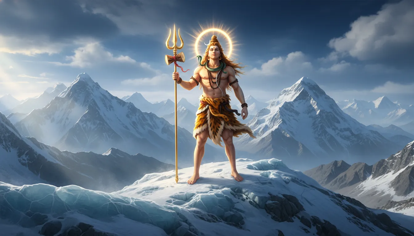 Lord Shiva standing tall on a snowy Himalayan peak holding his trishul overlooking the world.