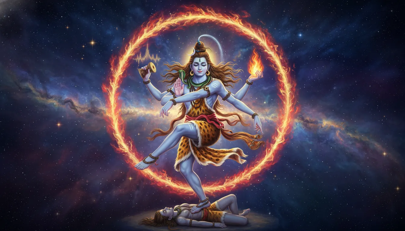 Lord Shiva performing the cosmic Nataraja dance inside a ring of fire