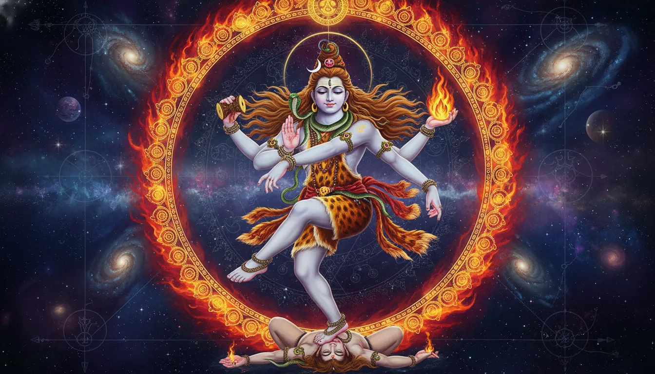 Vibrant painting of Lord Shiva performing the Nataraja cosmic dance in a ring of fire