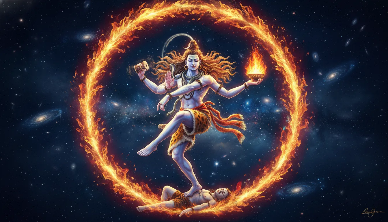 Lord Shiva as Nataraja performing the cosmic dance of destruction surrounded by a circle of cosmic flames.