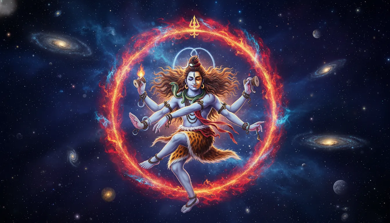 Cosmic dance of Lord Shiva as Nataraja surrounded by a ring of fire.
