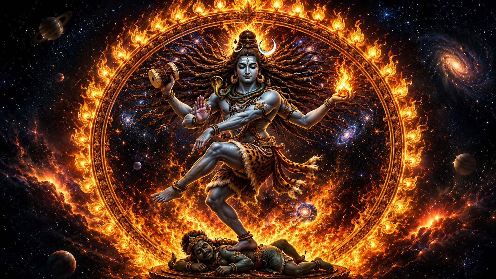 Lord Shiva as Nataraja performing the cosmic Tandava dance inside a ring of cosmic fire