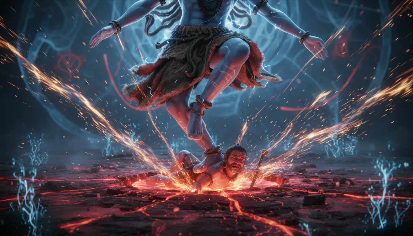 Lord Shiva as Nataraja crushing the demon of ignorance beneath his foot during the cosmic dance.