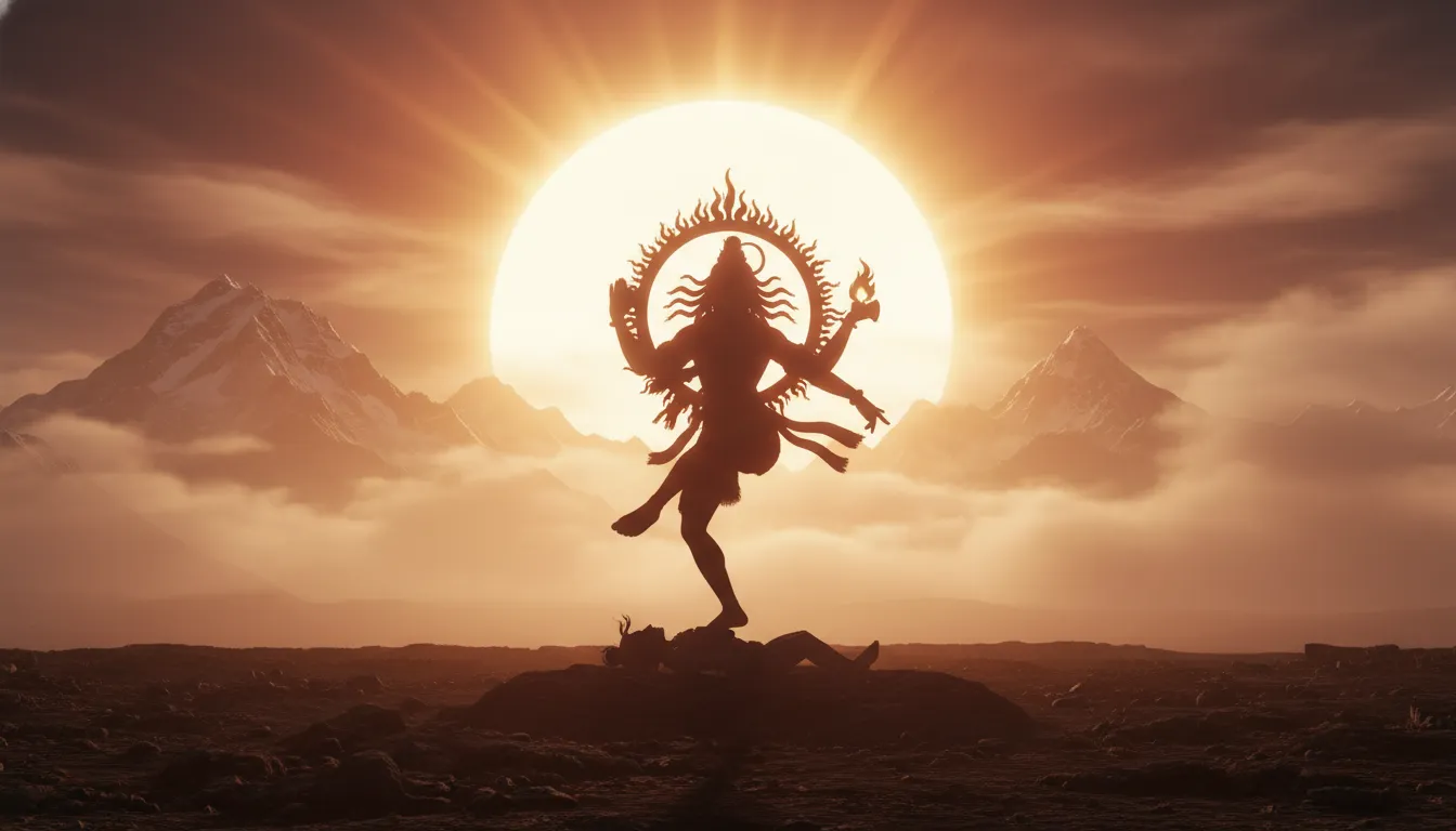 Majestic silhouette of Lord Shiva in Nataraja Tandav pose against a golden sunset background.