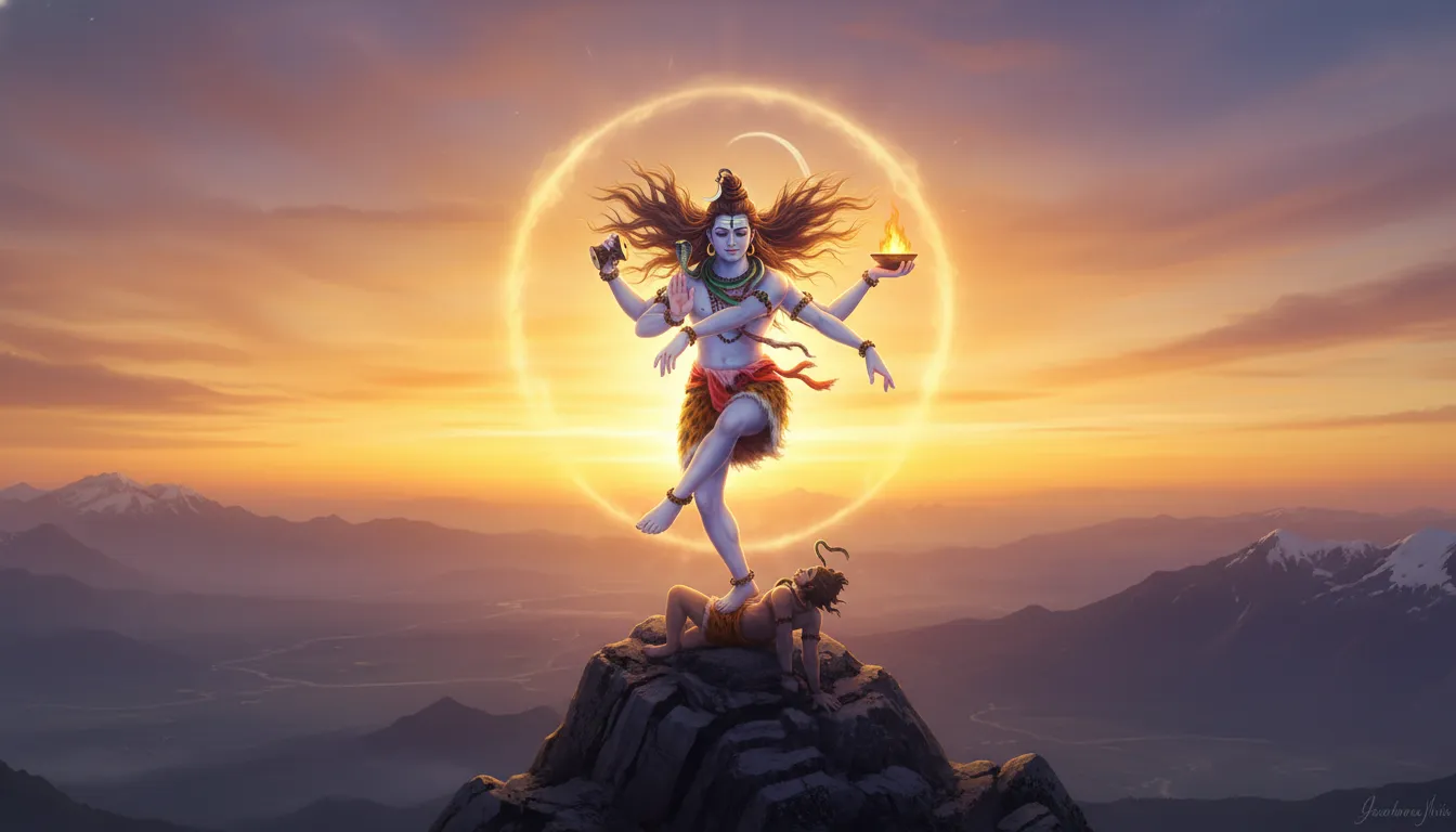 Lord Shiva performing the divine cosmic dance during a golden sunrise