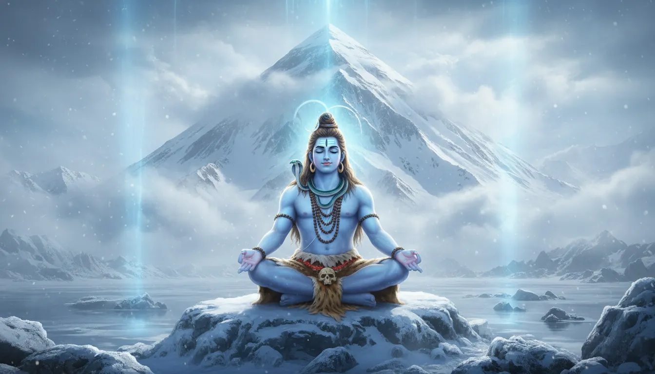 Lord Shiva sitting near Mount Kailash in peaceful meditation