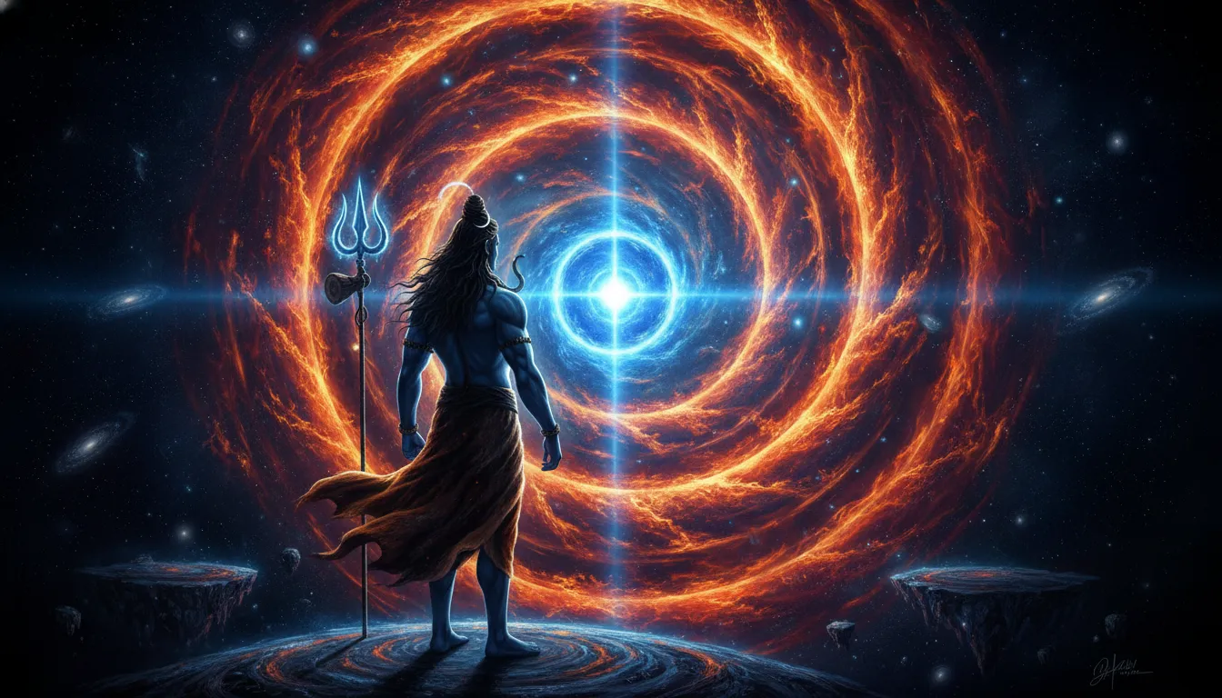 Lord Shiva standing before a swirling portal of orange and blue fire in deep space.