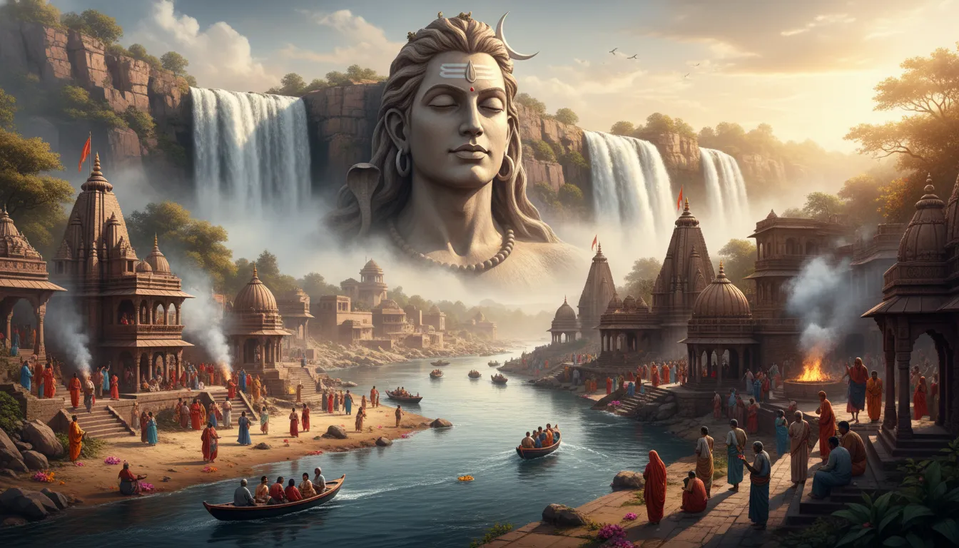 A large artistic face of Lord Shiva appears above a river scene with waterfalls, temples, and people gathered near the water.