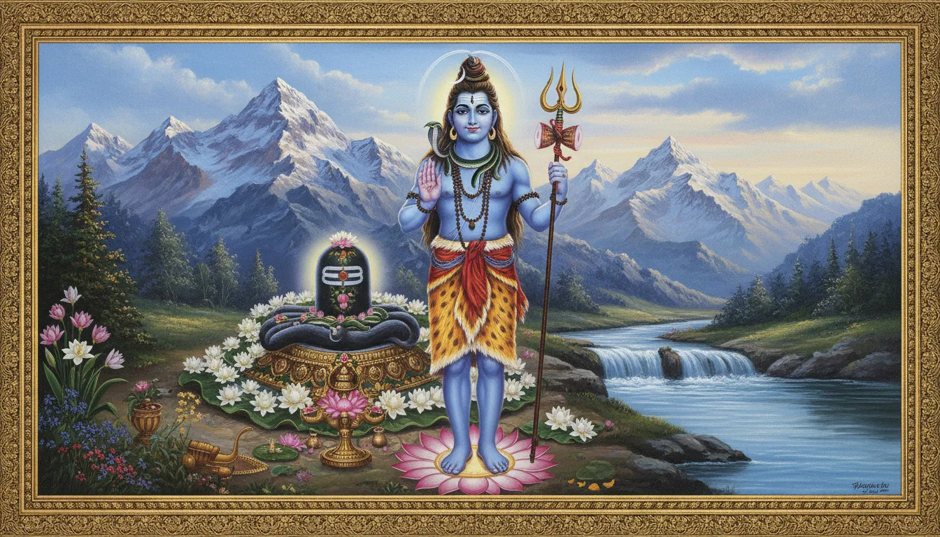 A colorful painting of Lord Shiva standing with a trident, blessing hand, mountains, and sacred lingam.