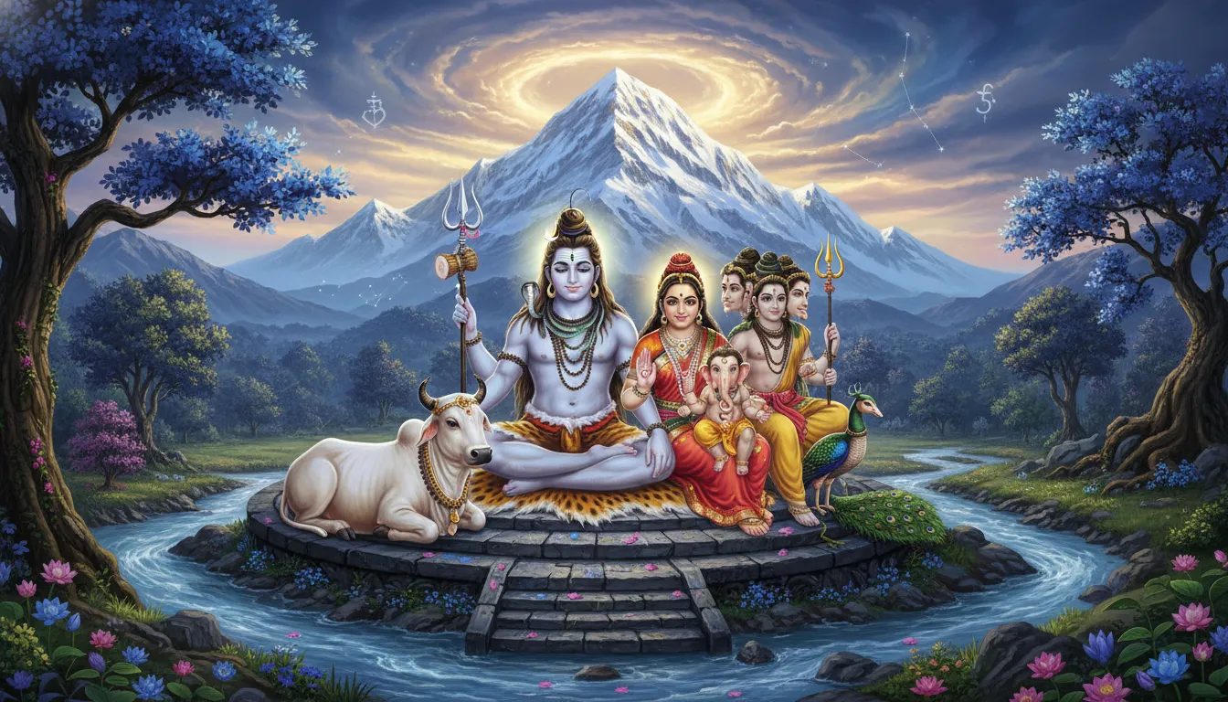 Lord Shiva Parivar HD wallpaper with Parvati Ganesha Kartikeya and Nandi.