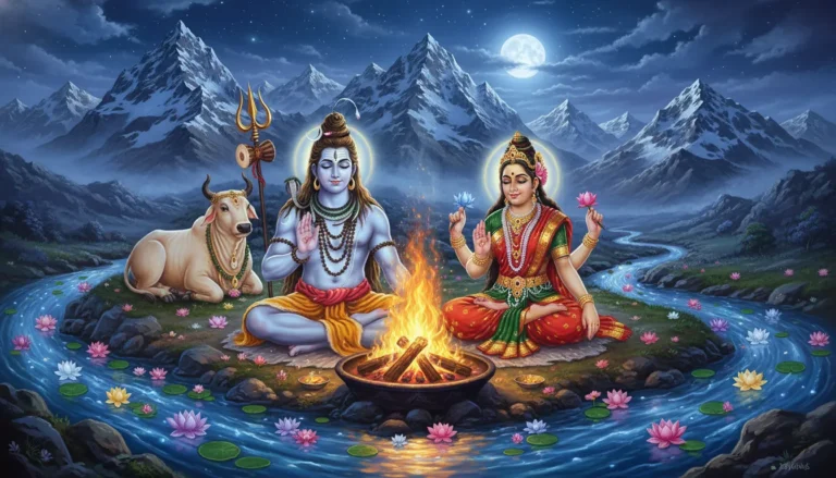 Lord Shiva and Parvati sitting near sacred fire with Nandi, river, and snowy mountains
