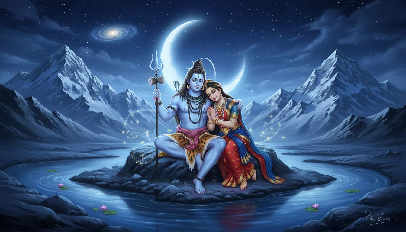 Lord Shiva and Parvati sitting together under moonlight with Mount Kailash background