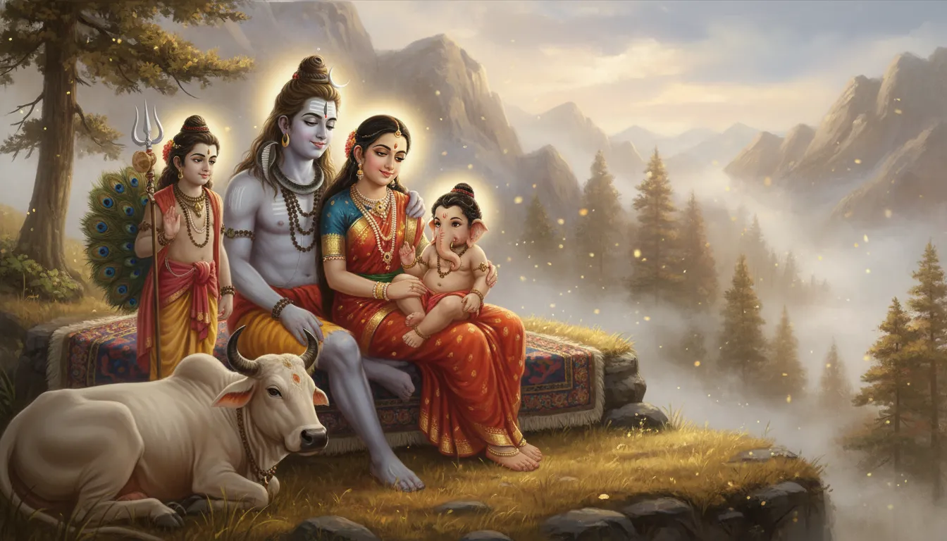The divine family of Shiva, Parvati, young Ganesha, and Kartikeya sitting together happily.