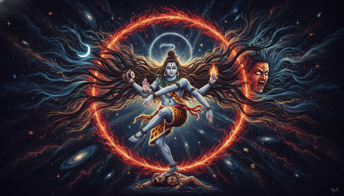An energetic artwork of Lord Shiva performing the cosmic Tandava dance with his matted hair unbound and flying wildly in the air.
