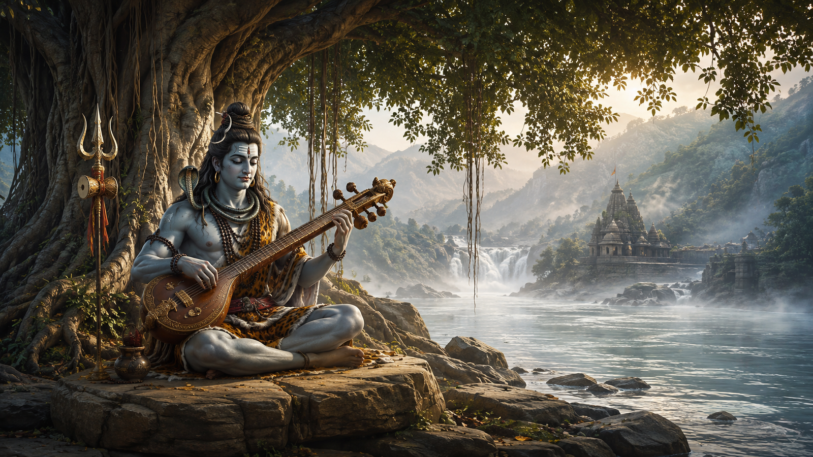 Lord Shiva sitting under a sacred banyan tree near a river playing the musical instrument Veena.