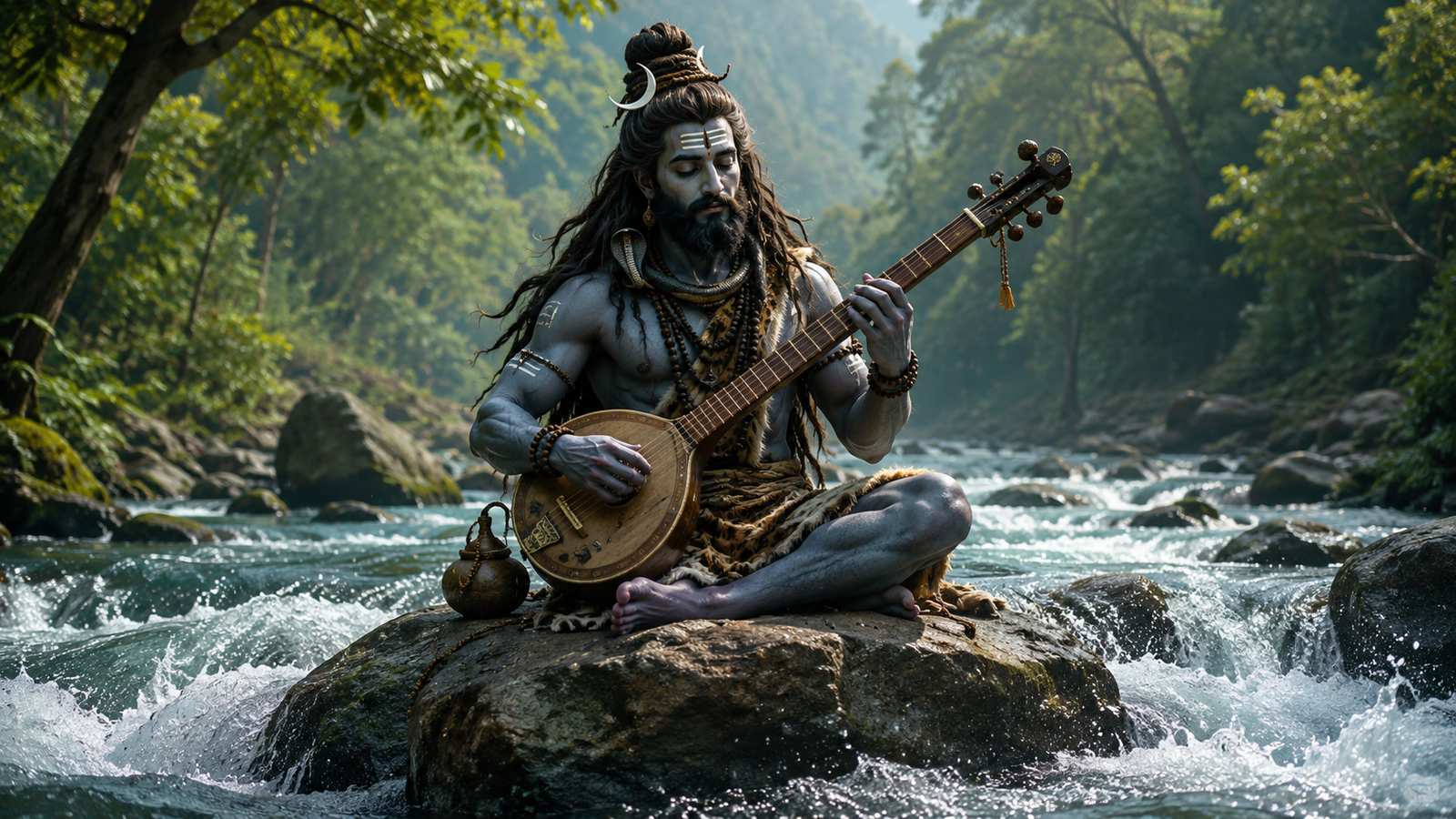 A realistic depiction of Lord Shiva sitting on a rock in a flowing river, playing a musical instrument (Veena).