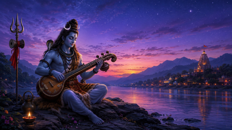 Lord Shiva playing Veena during twilight next to a peaceful river with stars appearing in the sky.
