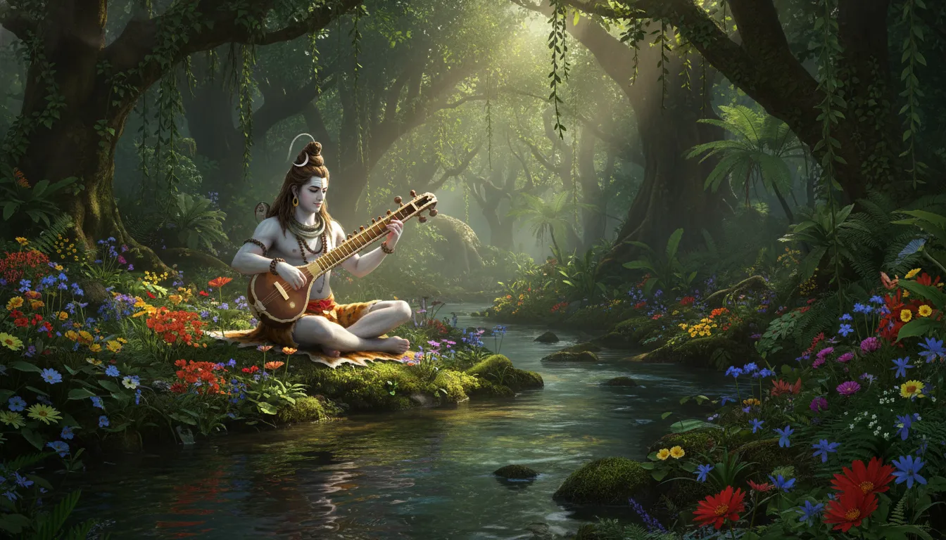 Lord Shiva surrounded by lush green forest trees playing Veena next to a clear river stream.