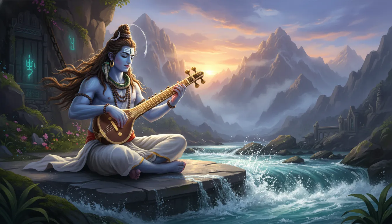 A realistic digital art of Lord Shiva playing Veena with the river Ganga flowing beside him.