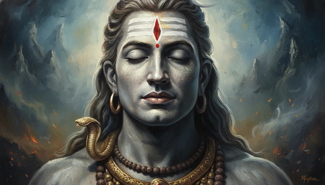 Close-up portrait of Lord Shiva with his sacred third eye gently opening in a calm expression
