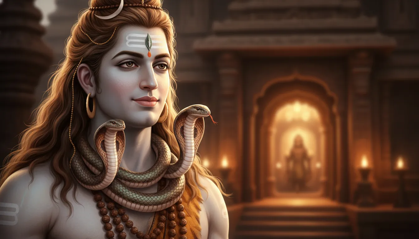 Close-up spiritual portrait of Lord Shiva with the serpent Vasuki coiled around his neck
