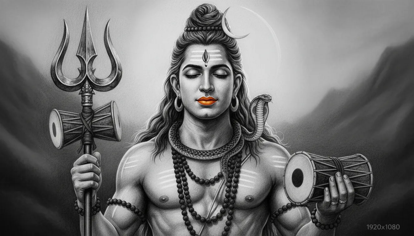 Classic monochrome art of Lord Shiva holding a powerful Trishul and Damru.