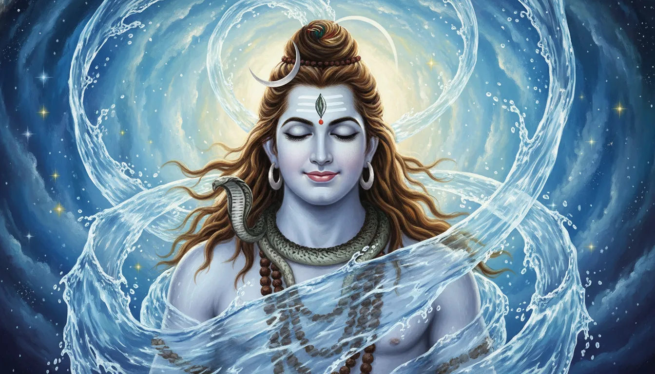 An artwork showing holy river Ganga cascading down from Lord Shiva's matted hair (Jata) with the crescent moon shining brightly.