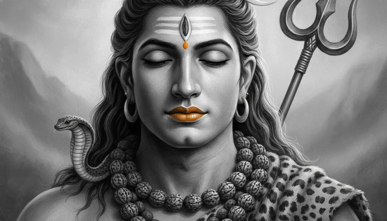 Close up black and white pencil art of Lord Shiva wearing holy Rudraksha beads.