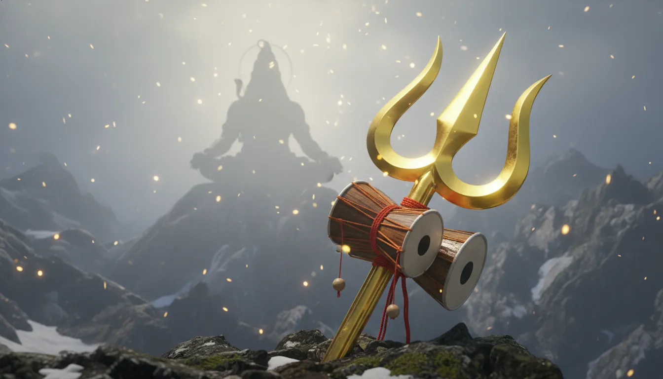Mahadev real photo featuring the sacred Trishul and Damru against a Himalayan backdrop.