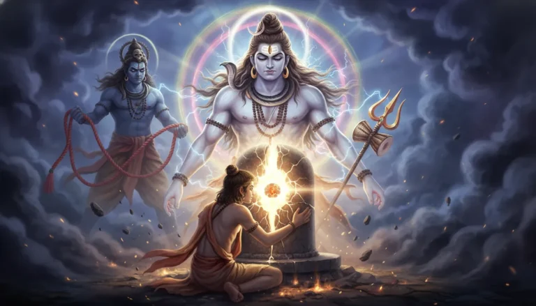 A powerful markandey mahadev photo showing Lord Shiva emerging from the Shivling to protect Rishi Markandeya.
