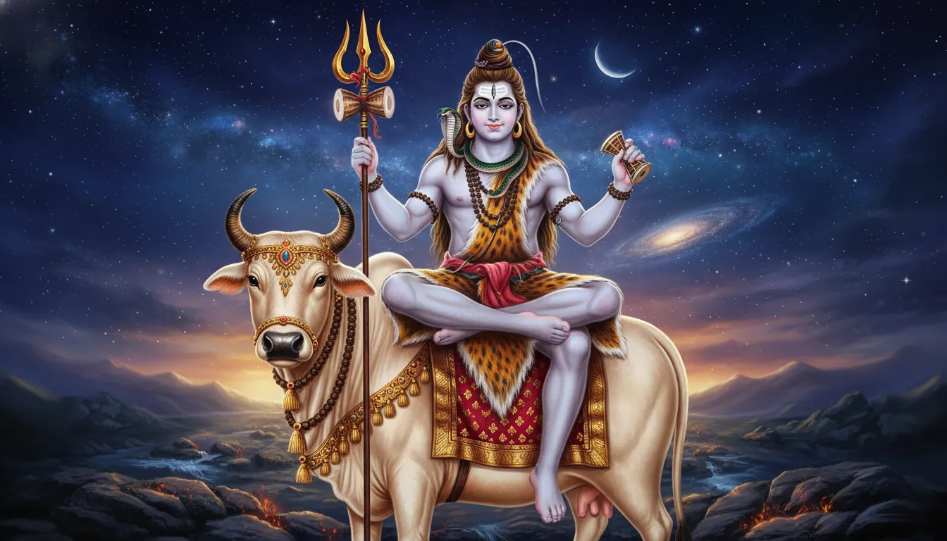 lord shiva seated on nandi holding trishul and damru divine couple