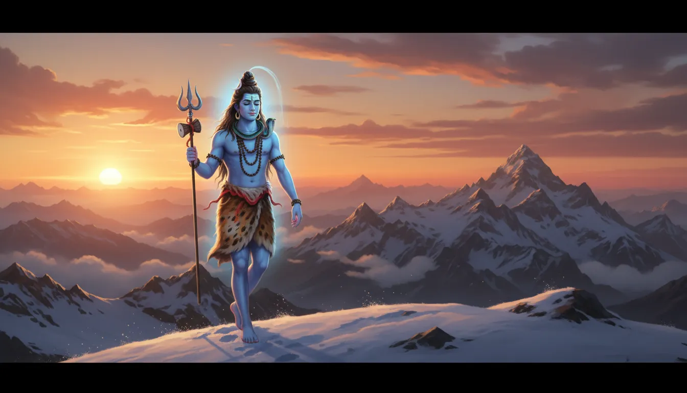 Lord Shiva walking peacefully on snow-covered summits during a golden twilight evening.