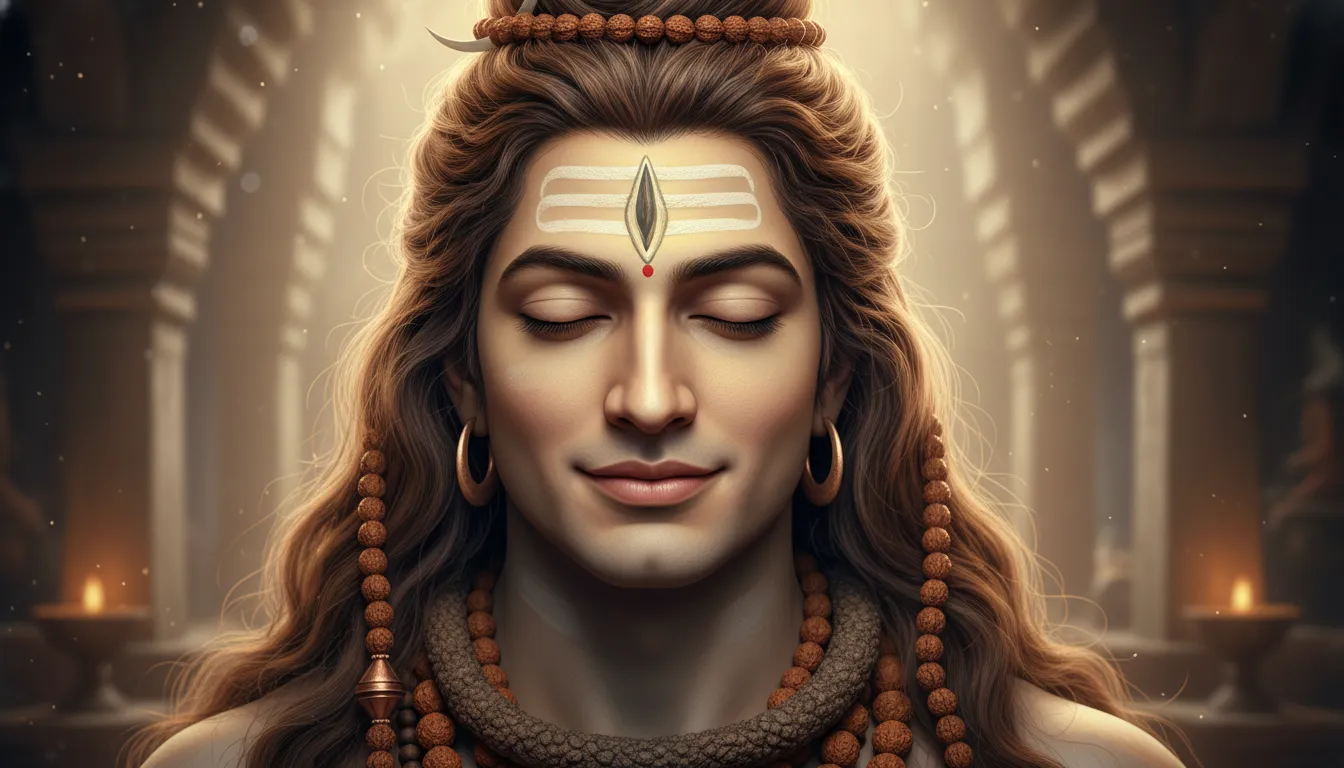 Close-up spiritual portrait of Lord Shiva with Rudraksha mala and calm expression