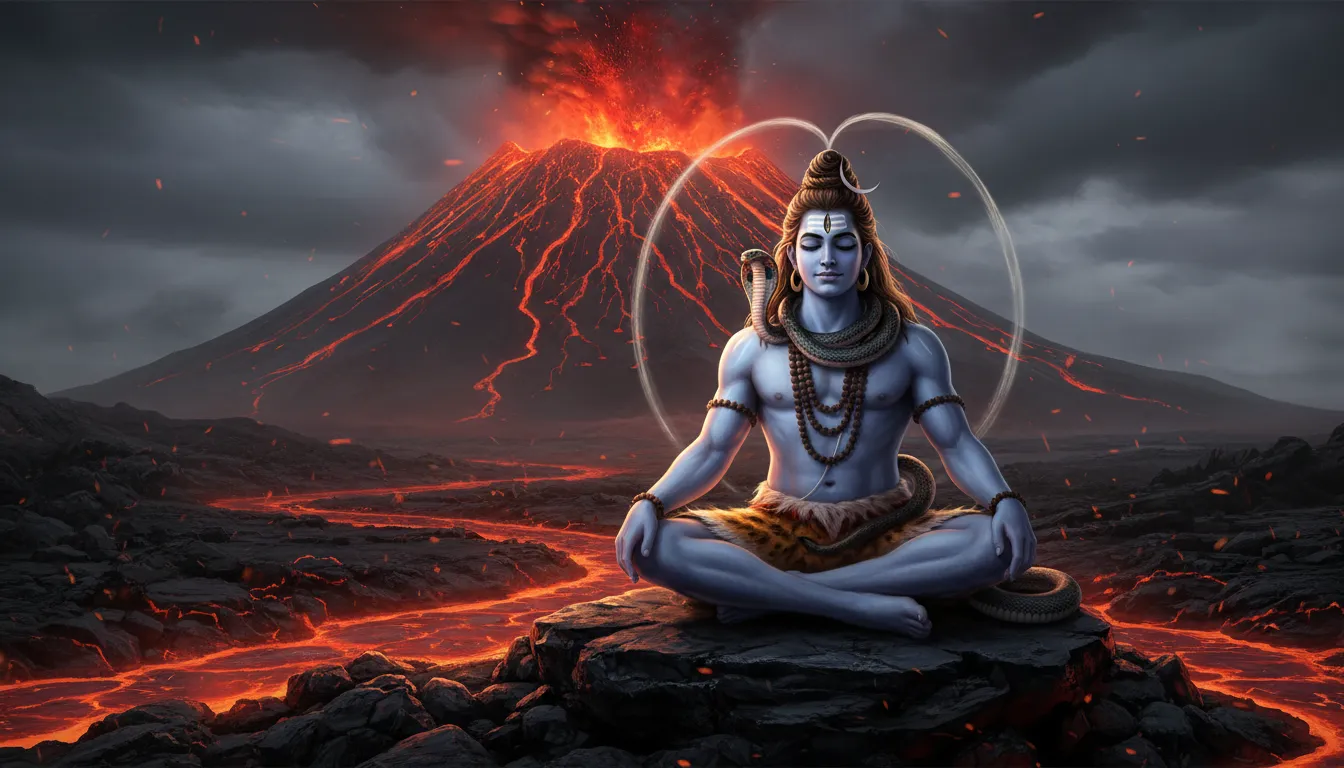 Lord Shiva with serpent near active volcano dramatic landscape art