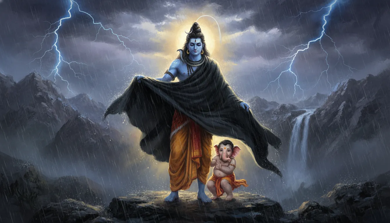 A dramatic fantasy artwork of Lord Shiva using his massive tiger skin cloak to shield Bal Ganesha from a storm.