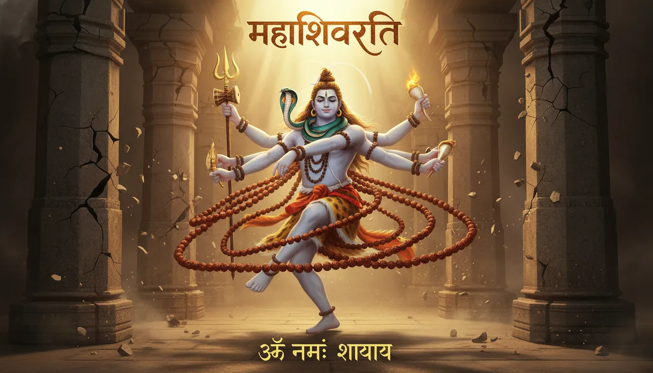 Lord Shiva performing the cosmic Tandava dance decorated with glowing rudraksha beads and a snake around his neck.