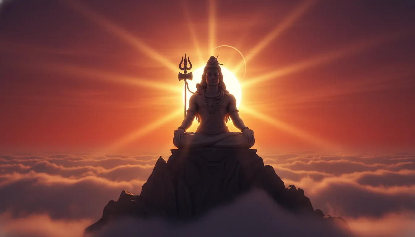 Majestic silhouette of Lord Shiva statue against a vibrant golden and orange sunset sky.