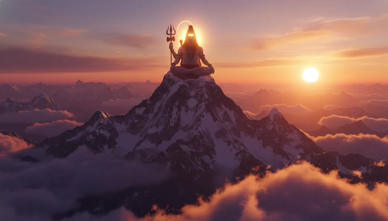 Majestic silhouette of mahadev shankar bhagwan ka photo against a Himalayan sunset.