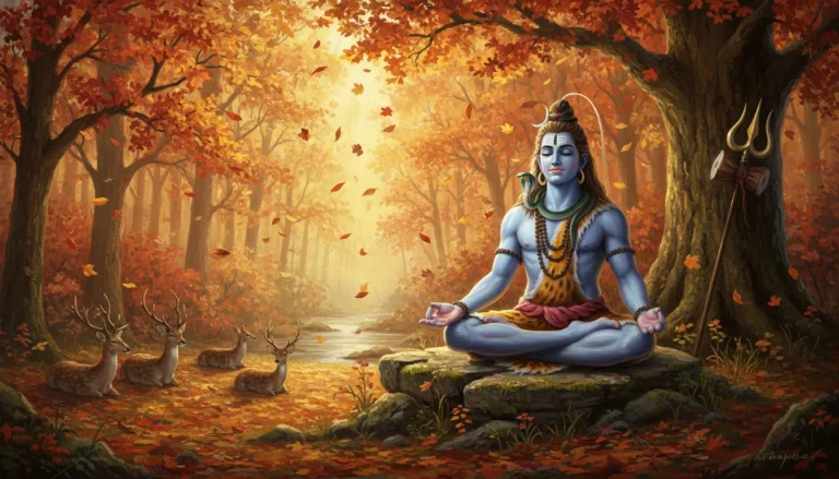 Lord Shiva sitting in autumn forest meditating peaceful scene