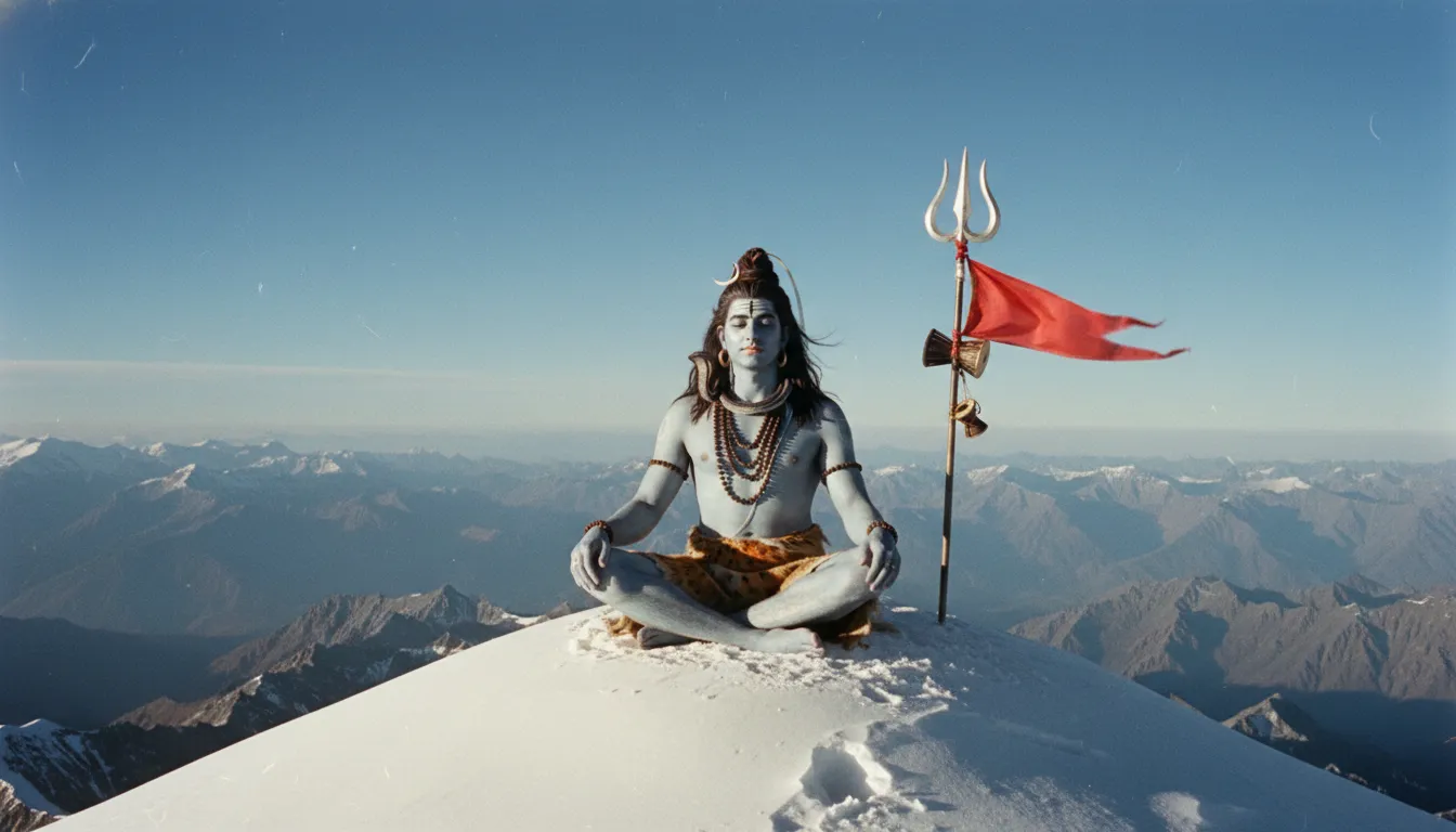 High-quality vintage Mahadev old photo sitting peacefully on the snowy peaks of Mount Kailash.
