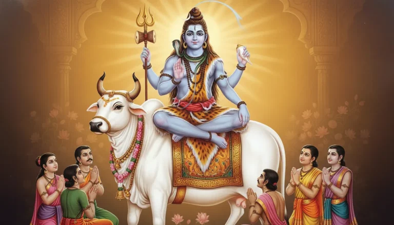 lord shiva sitting on nandi bull statue holding trident and blessing hand
