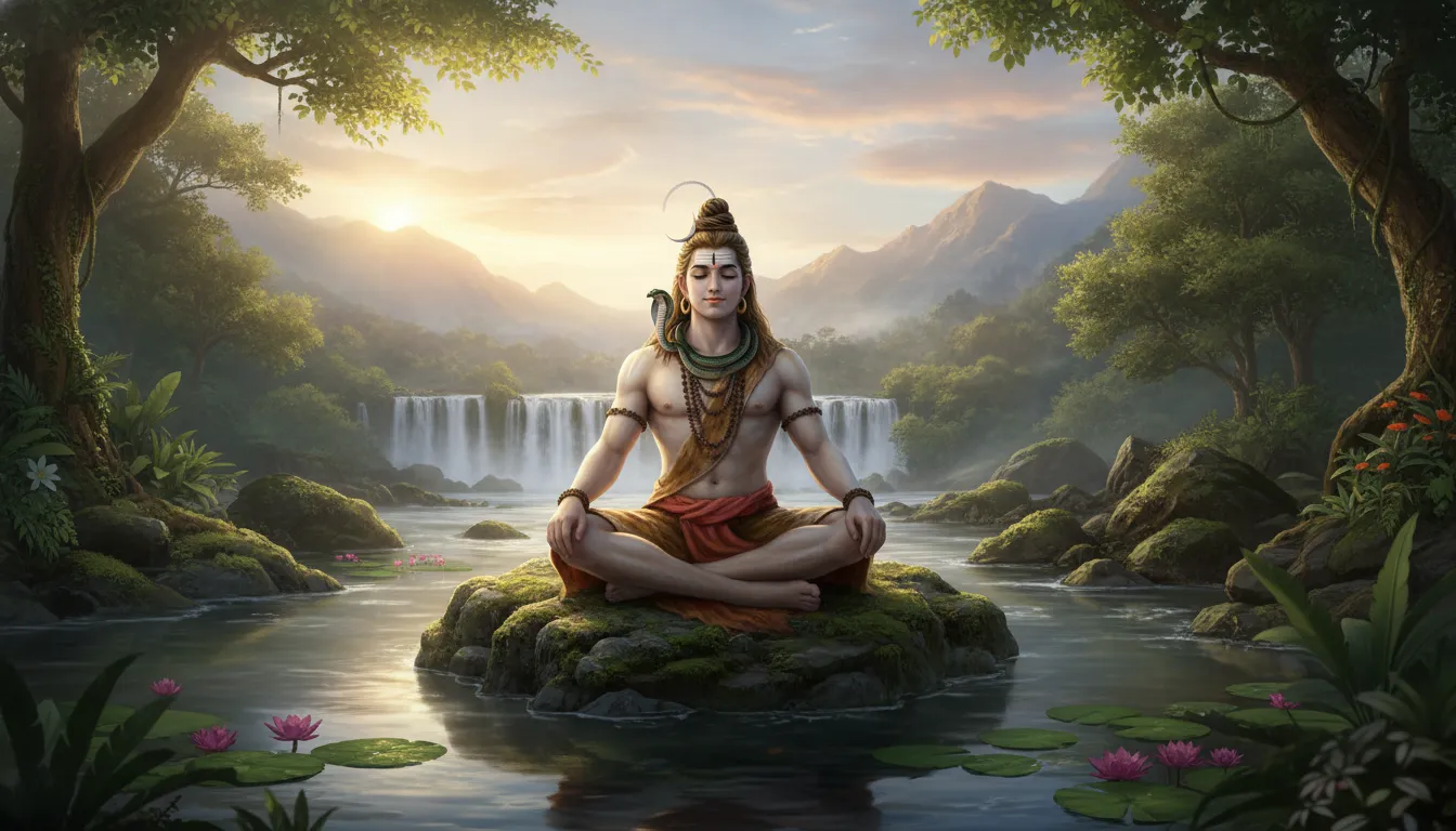 Lord Shiva sitting cross legged on rock surrounded by water and mountains