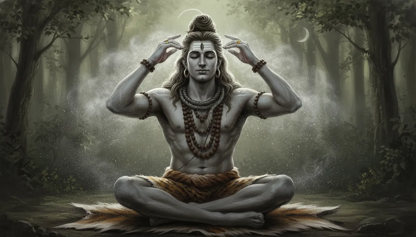 An evocative painting showing Lord Shiva using his hands to apply holy grey ash (Bhasma) to his thick matted locks.