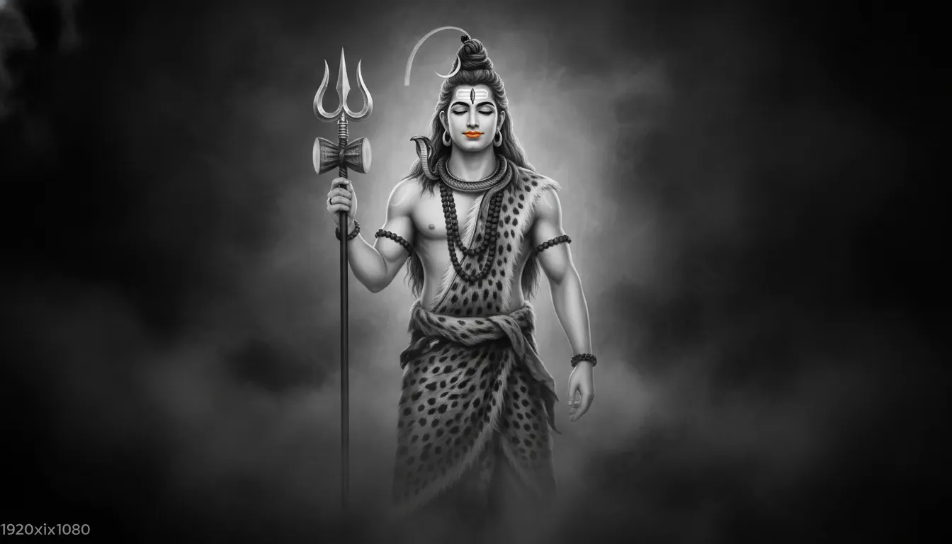 Artistic monochrome portrait of Lord Shiva surrounded by divine smoke and mist.