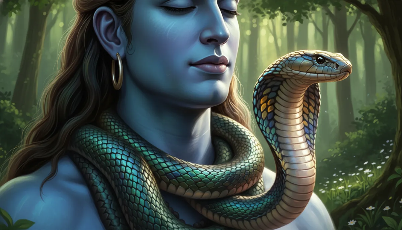 Lord Shiva close up with snake around neck and forest landscape background