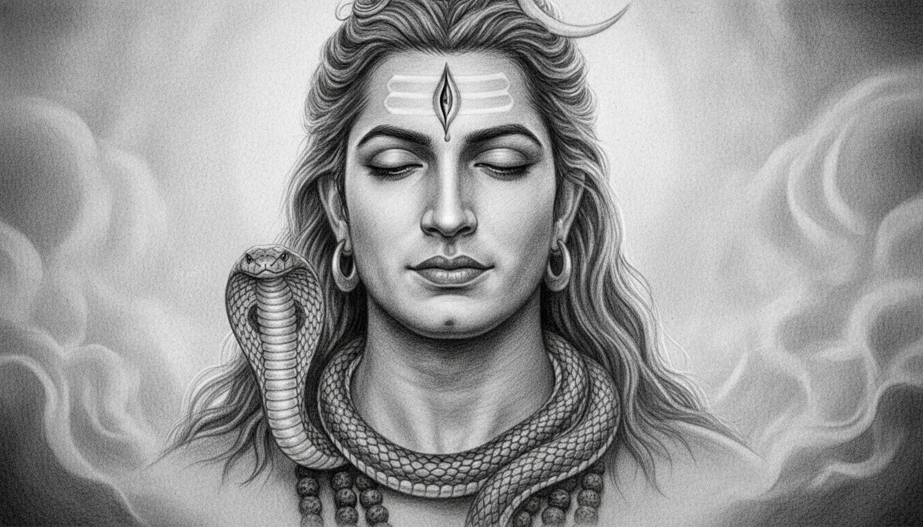 Lord Shiva spiritual drawing with third eye snake and rudraksha