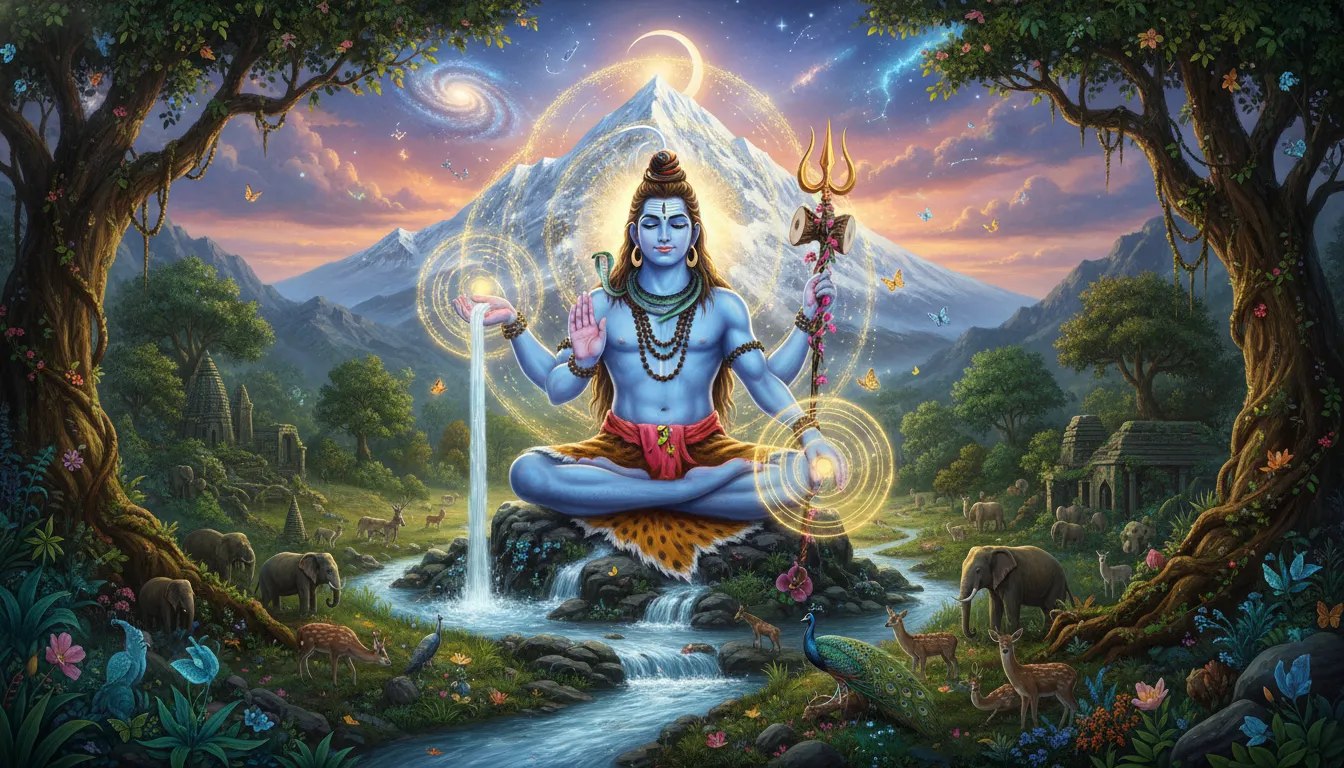Artistic depiction of Lord Shiva with mountains, sky, and divine glow